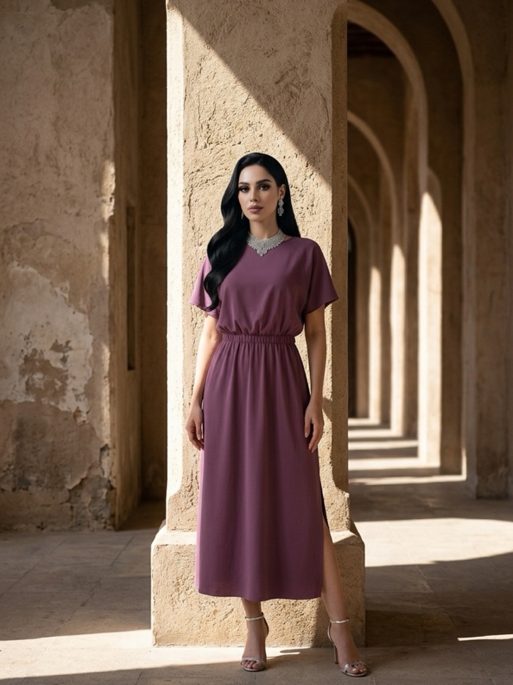 White House Black Market Plum Maxi Dress with Elastic Waist